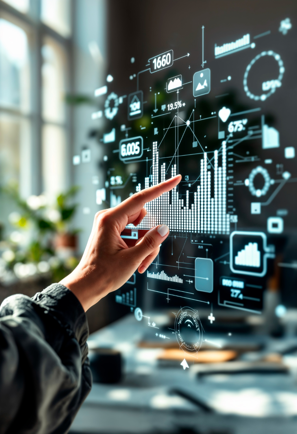 Interazione con dashboard digitale per analisi dati e AI, rappresentazione di CRM personalizzato e automazione intelligente.